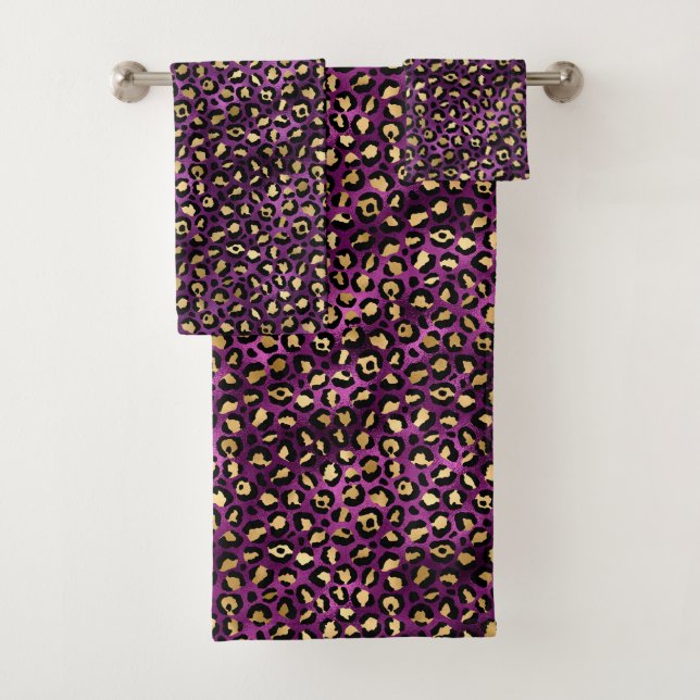 Purple and Gold Leopard Series Design 1 Bath Towel Set (Insitu)