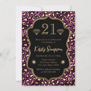 Purple and Gold Leopard Spots 21st Birthday Invitation
