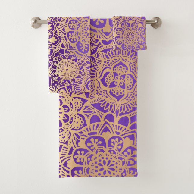 Purple and Gold Mandala Boho Chic Bath Towel Set (Insitu)