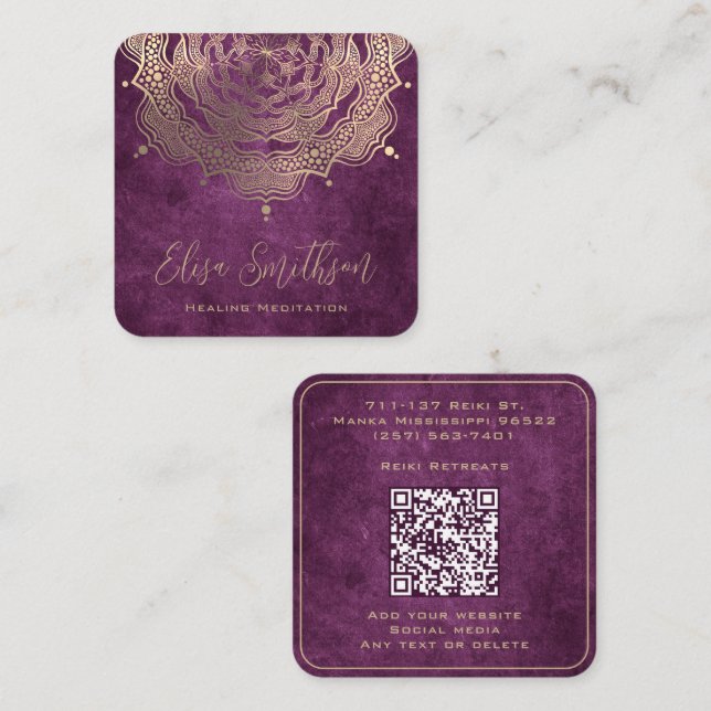  Purple And Gold Mandala Reiki Healing Meditation Square Business Card (Front/Back)