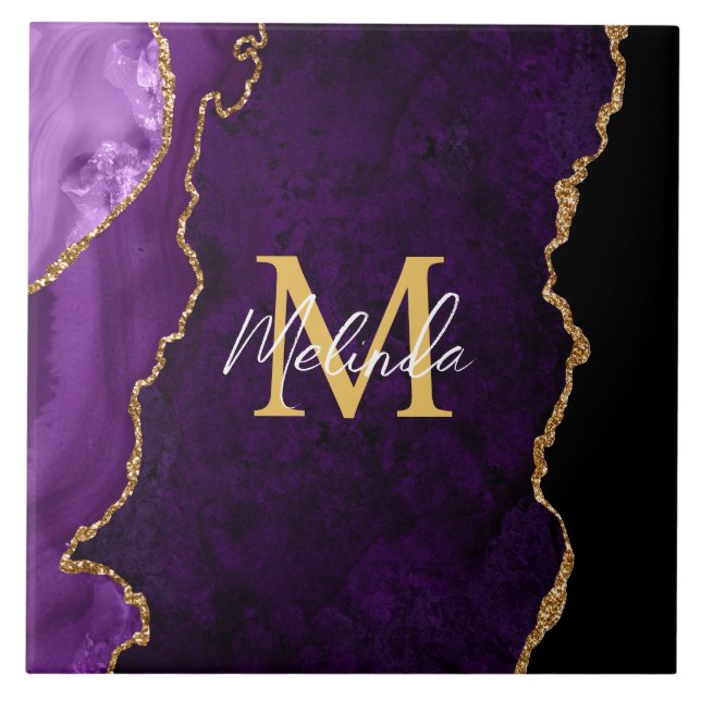 Purple and Gold Marble Agate Ceramic Tile (Front)