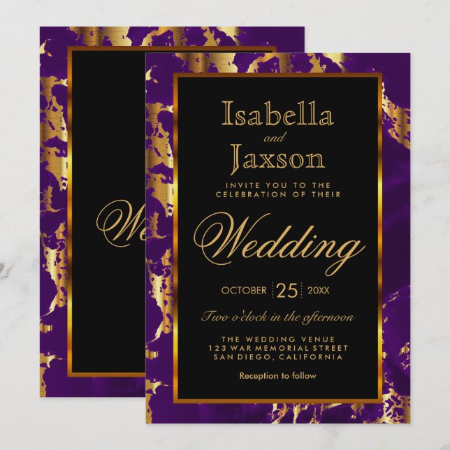 Purple and Gold Marble and Black Invitation (Front/Back)