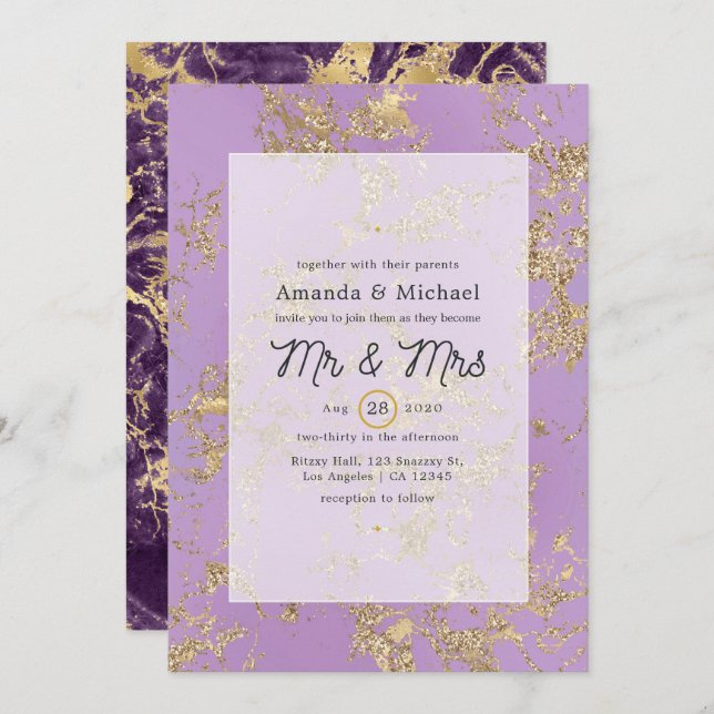 Purple and Gold Marble Wedding Invitation (Front/Back)