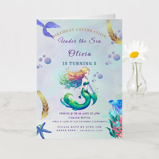 Purple and Gold Mermaid Birthday under the Sea Inv Foil Greeting Card (Small Flower)