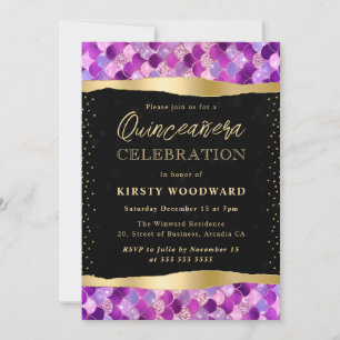 Purple and Gold Mermaid Scales Quinceanera Invitation