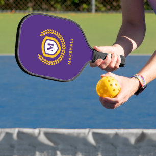 Purple and Gold Monogram Logo Crest Pickleball Paddle