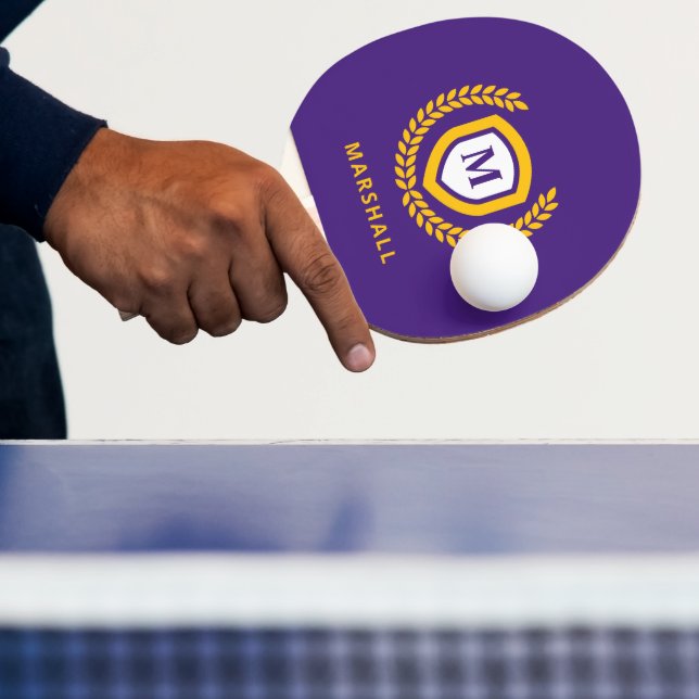 Purple and Gold Monogram Logo Crest Ping Pong Paddle (Insitu)