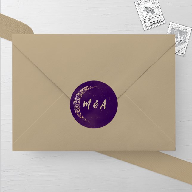 Purple and Gold Moon and Back Wedding Classic Round Sticker (Creator Uploaded)