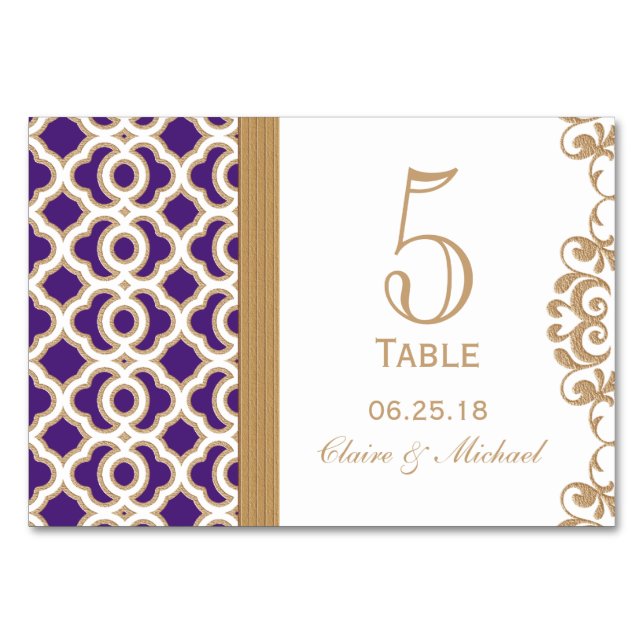 Purple and Gold Moroccan Wedding Table Number (Front)