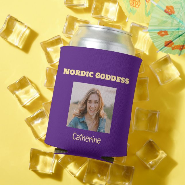 Purple and Gold Nordic Goddess Custom Photo Can Cooler (In Situ Summer)