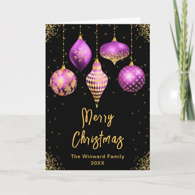 Purple and Gold Ornaments Merry Christmas Holiday Card (Front)