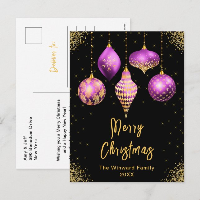 Purple and Gold Ornaments Merry Christmas Holiday Postcard (Front/Back)
