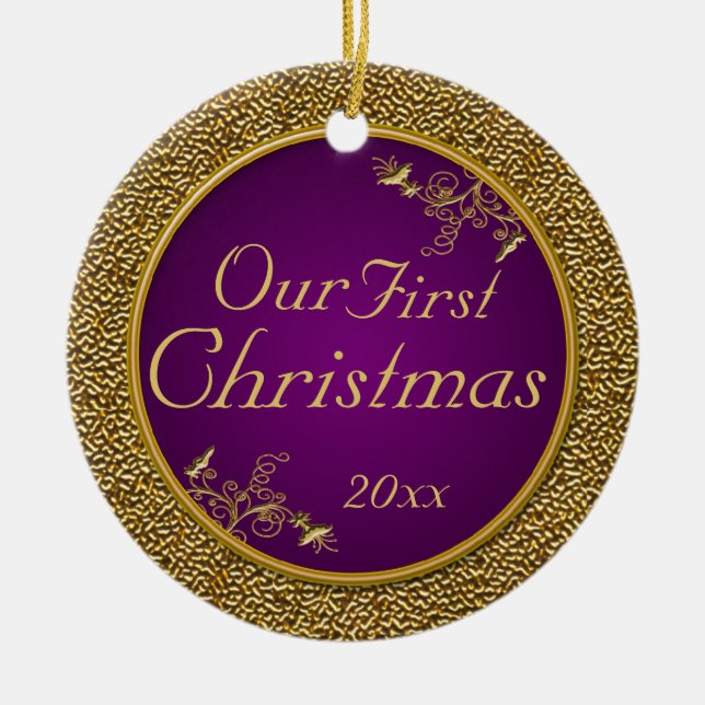 Purple and Gold "Our First Christmas" Ornament (Front)