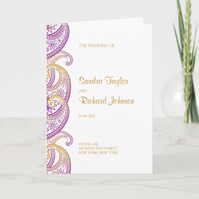 Purple and Gold Paisley Indian Wedding Program (Front)