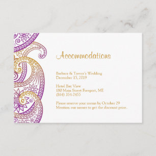 Purple and Gold Paisley Wedding Accommodations Enclosure Card