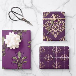 Purple and Gold Paris themed Wrapping Paper Sheet