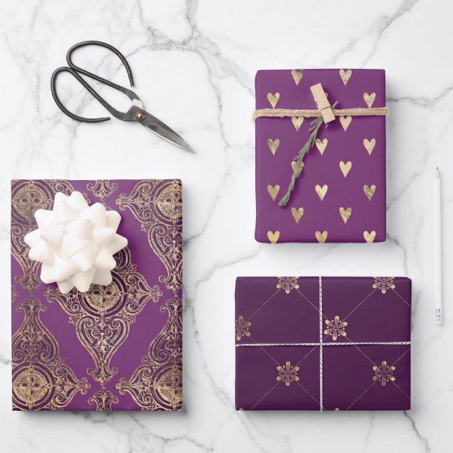 Purple and Gold Paris themed Wrapping Paper Sheet (Front)