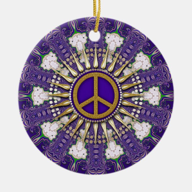 Purple and Gold Peace Sign Ceramic Ornament (Front)