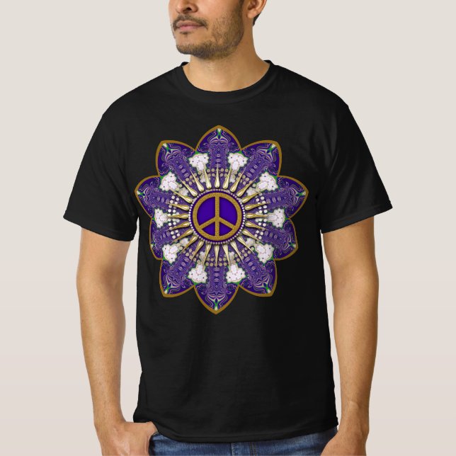 Purple and Gold Peace Sign Mandala T-Shirt (Front)