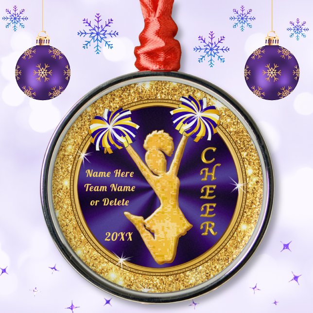 Purple and Gold Personalised Cheer Christmas Gifts Metal Ornament (Cheerleader Christmas Tree Ornaments. Awesome, Personalized Senior Cheer Gifts. Cheerleader gifts.)
