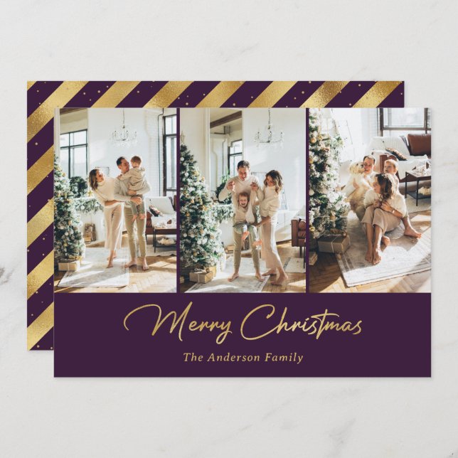 Purple and Gold Photo Collage Merry Christmas Holiday Card (Front/Back)