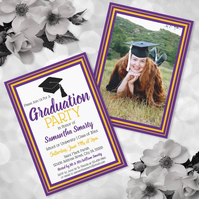 Purple and Gold Photo Graduation Party Invitation (Creator Uploaded)