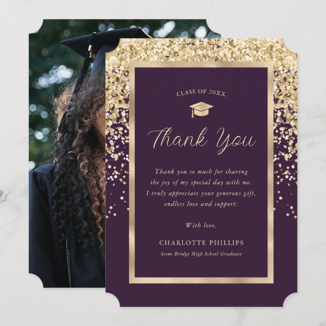 Purple and Gold Photo Graduation Thank You Card (Front/Back)