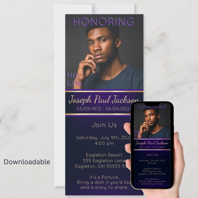 Purple and Gold Photo Memorial Invitation (Creator Uploaded)