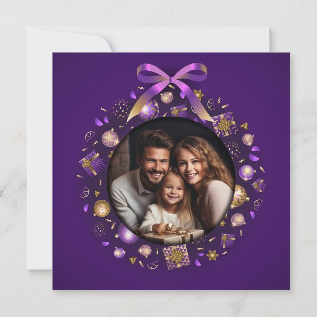 Purple and Gold Photo Wreath Holiday Card (Front)