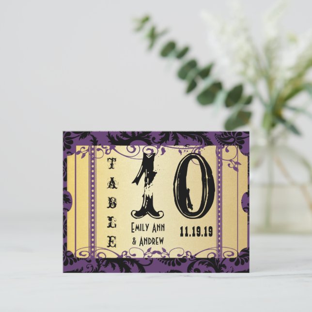 Purple and Gold Playbill Swirl Damask Table Number Postcard (Standing Front)