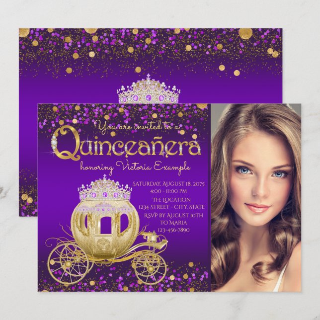 Purple and Gold Princess Photo Quinceanera Invitation (Front/Back)