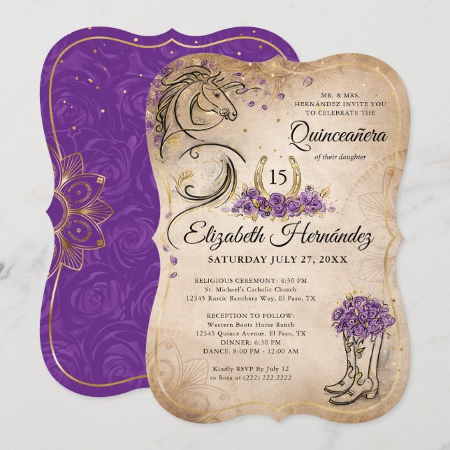 Purple and Gold Quinceañera Rustic Horse Birthday Invitation (Front/Back)