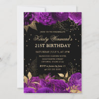 Purple and Gold Roses Border Floral 21st Birthday