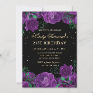 Purple and Gold Roses Border Floral 21st Birthday Invitation