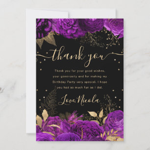 Purple and Gold Roses Border Floral Birthday Thank You Card