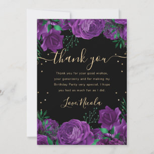 Purple and Gold Roses Border Floral Birthday Thank You Card