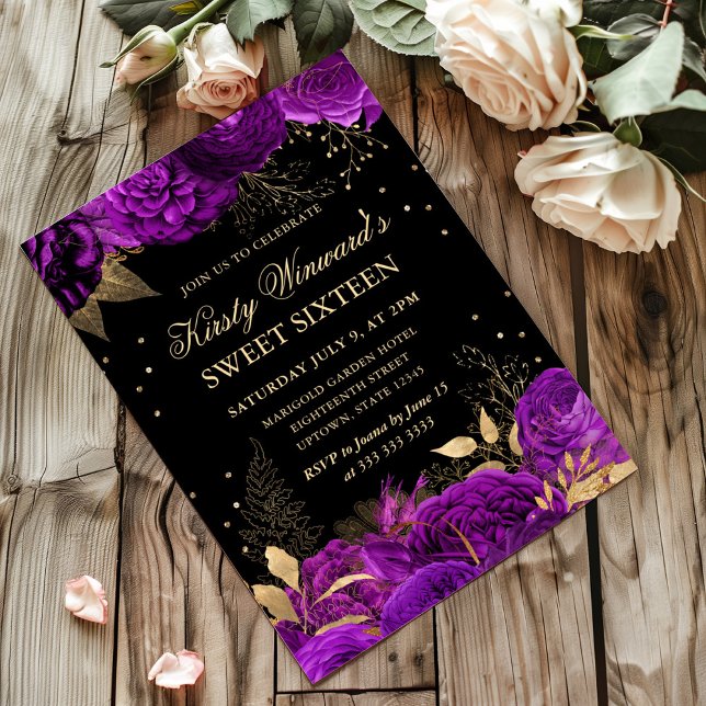 Purple and Gold Roses Border Floral Sweet Sixteen Invitation (Creator Uploaded)