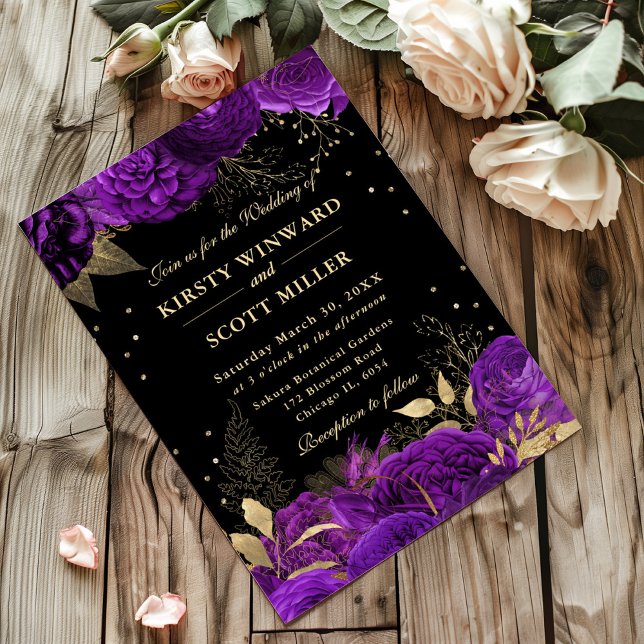 Purple and Gold Roses Border Floral Wedding Invitation (Creator Uploaded)