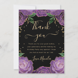 Purple and Gold Roses Floral Birthday Thank You Card