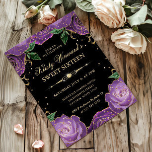 Purple and Gold Roses Floral Sweet Sixteen Invitation
