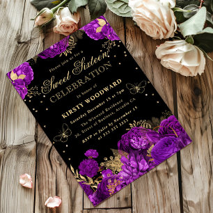 Purple and Gold Roses Floral Sweet Sixteen Invitation