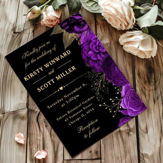 Purple and Gold Roses Floral Wedding Invitation (Creator Uploaded)