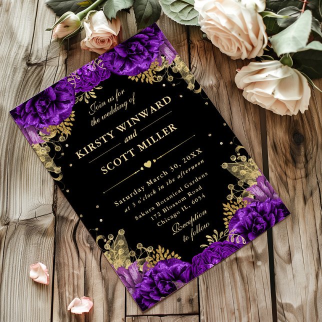Purple and Gold Roses Floral Wedding Invitation (Creator Uploaded)