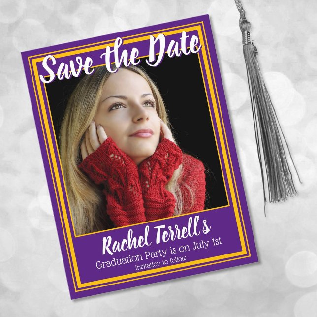 Purple and Gold Save the Date Graduation Announcement Postcard (Creator Uploaded)
