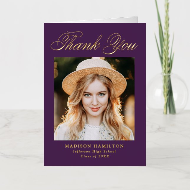 Purple and Gold Script Photo Graduation Thank You Foil Greeting Card (Front)