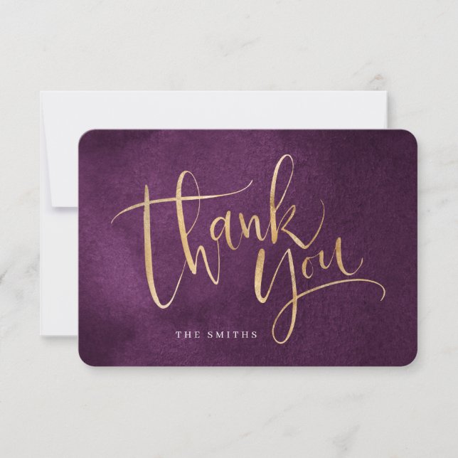 purple and gold simple modern Calligraphy Thank You Card (Front)
