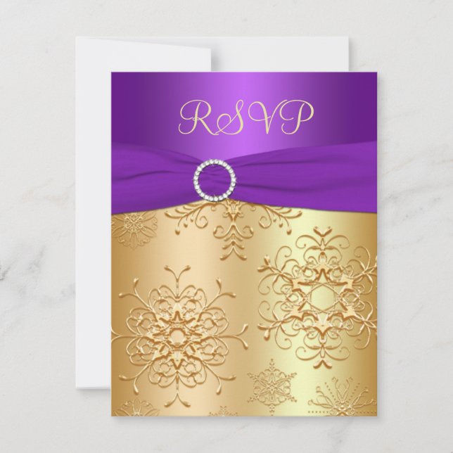 Purple and Gold Snowflakes Wedding RSVP Card (Front)