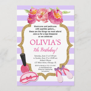 Purple and gold Spa Sleepover Birthday party Invitation