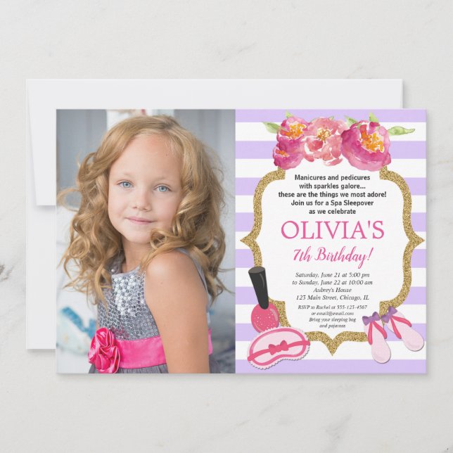 Purple and gold Spa Sleepover Birthday party photo Invitation (Front)