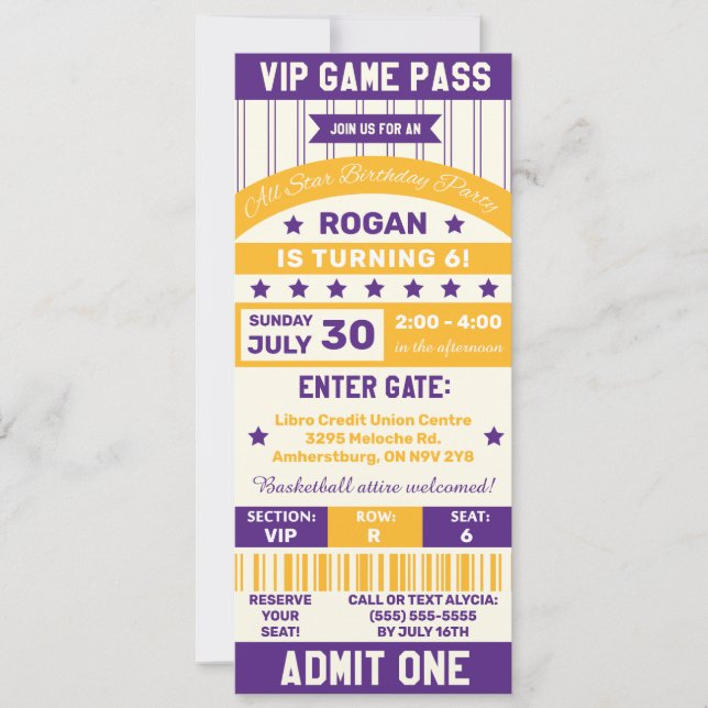 Purple and Gold Sports Team Ticket Birthday Party Invitation (Front)